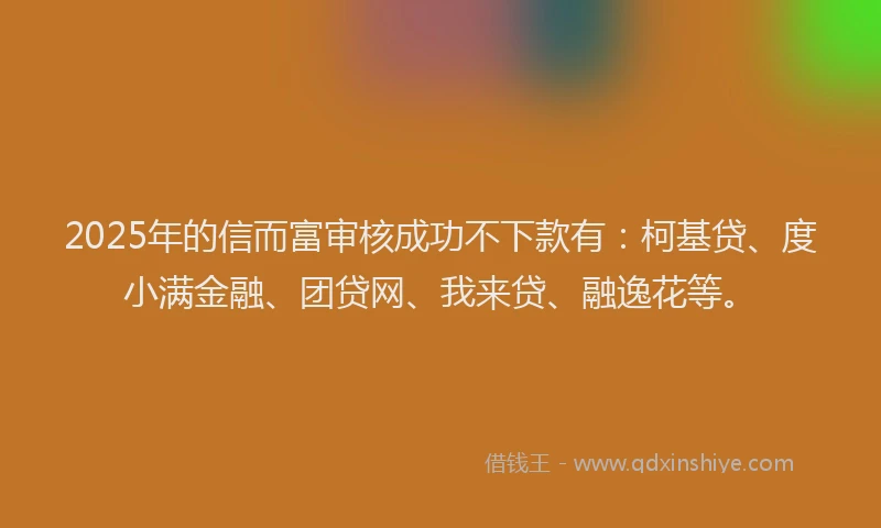 2025年的信而富审核成功不下款有：柯基贷、度小满金融、团贷网、我来贷、融逸花等。