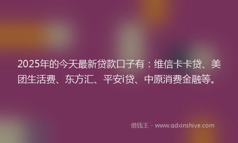 2025年的今天最新贷款口子有：维信卡卡贷、美团生活费、东方汇、平安i贷、中原消费金融等。