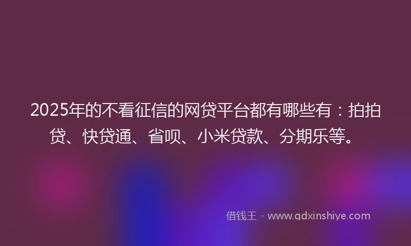 2025年的不看征信的网贷平台都有哪些有：拍拍贷、快贷通、省呗、小米贷款、分期乐等。