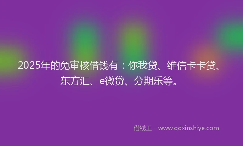 2025年的免审核借钱有：你我贷、维信卡卡贷、东方汇、e微贷、分期乐等。