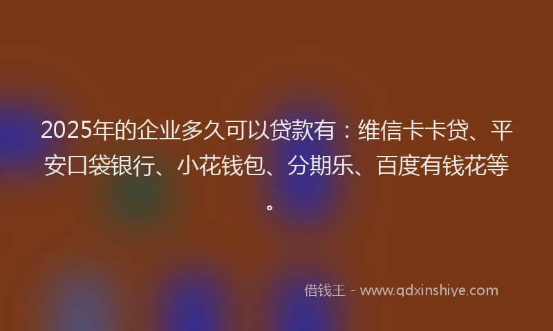 2025年的企业多久可以贷款有：维信卡卡贷、平安口袋银行、小花钱包、分期乐、百度有钱花等。