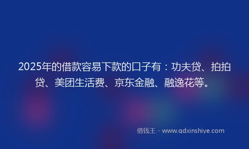 2025年的借款容易下款的口子有：功夫贷、拍拍贷、美团生活费、京东金融、融逸花等。