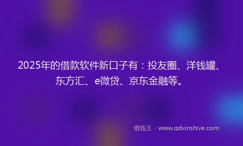 2025年的借款软件新口子有:投友圈、洋钱罐、东方汇、e微贷、京东金融等。
