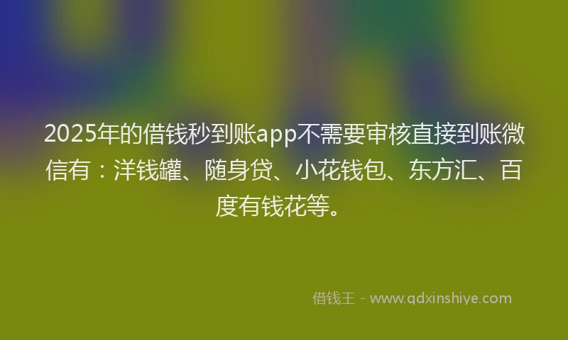 2025年的借钱秒到账app不需要审核直接到账微信有：洋钱罐、随身贷、小花钱包、东方汇、百度有钱花等。