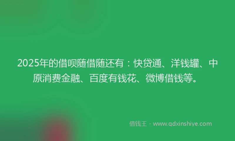 2025年的借呗随借随还有：快贷通、洋钱罐、中原消费金融、百度有钱花、微博借钱等。