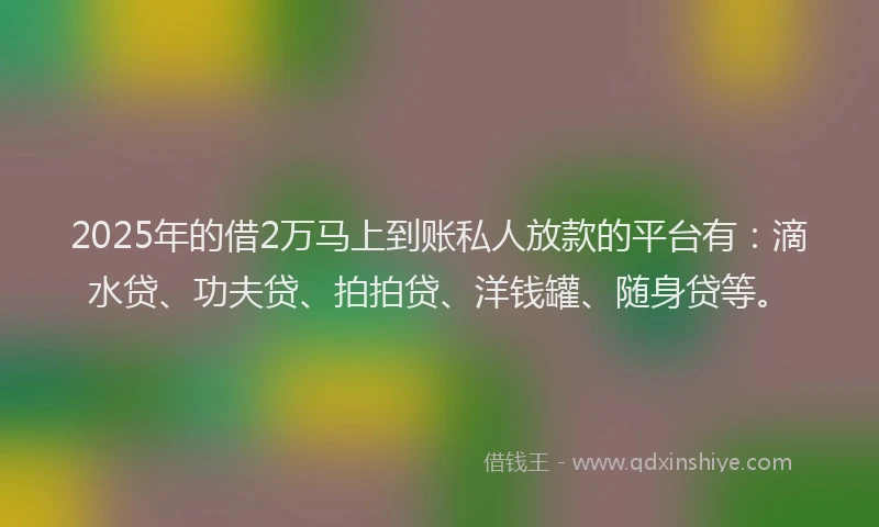 2025年的借2万马上到账私人放款的平台有：滴水贷、功夫贷、拍拍贷、洋钱罐、随身贷等。