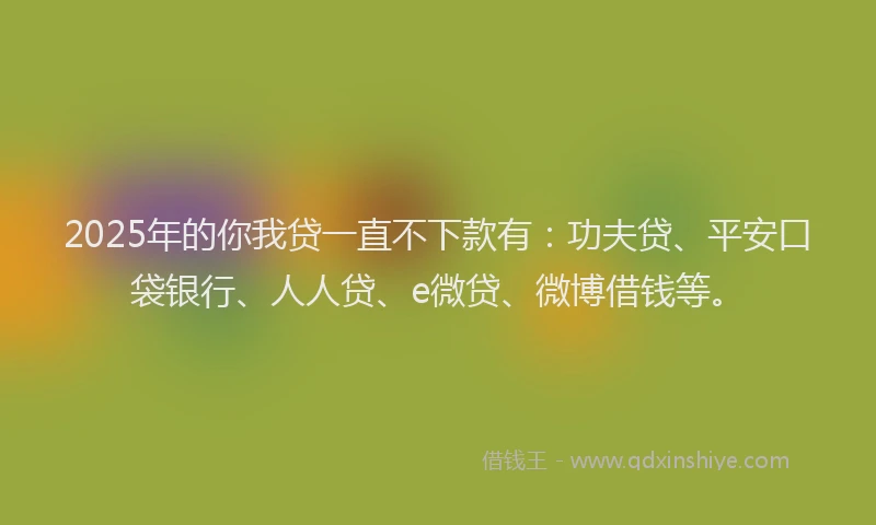2025年的你我贷一直不下款有：功夫贷、平安口袋银行、人人贷、e微贷、微博借钱等。