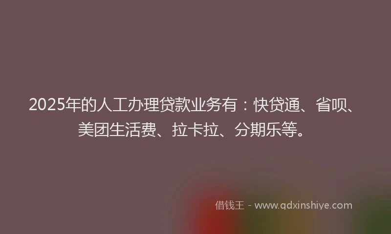 2025年的人工办理贷款业务有：快贷通、省呗、美团生活费、拉卡拉、分期乐等。