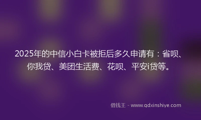 2025年的中信小白卡被拒后多久申请有：省呗、你我贷、美团生活费、花呗、平安i贷等。