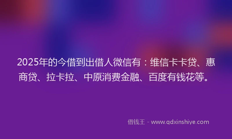 2025年的今借到出借人微信有：维信卡卡贷、惠商贷、拉卡拉、中原消费金融、百度有钱花等。