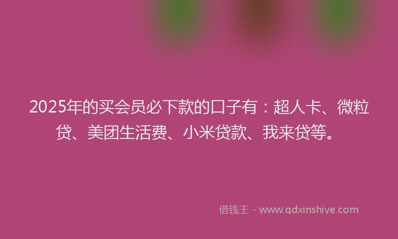 2025年的买会员必下款的口子有：超人卡、微粒贷、美团生活费、小米贷款、我来贷等。