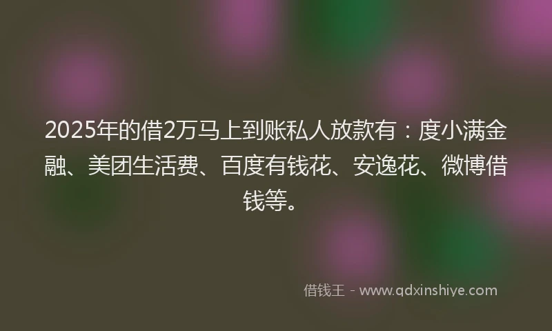 2025年的借2万马上到账私人放款有：度小满金融、美团生活费、百度有钱花、安逸花、微博借钱等。