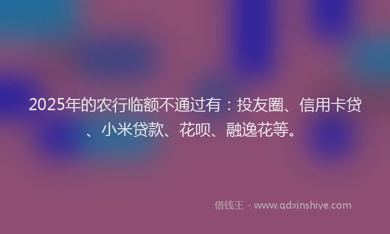 2025年的农行临额不通过有：投友圈、信用卡贷、小米贷款、花呗、融逸花等。