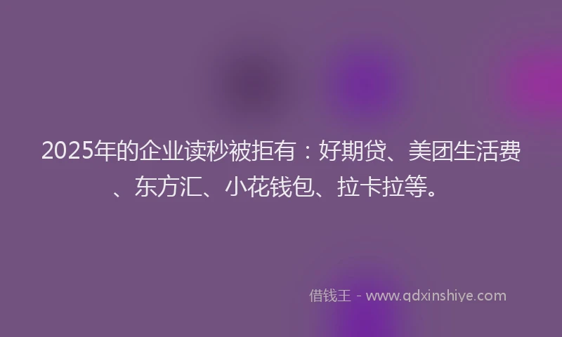 2025年的企业读秒被拒有：好期贷、美团生活费、东方汇、小花钱包、拉卡拉等。