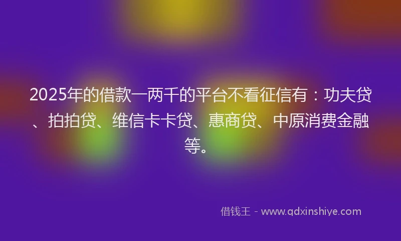 2025年的借款一两千的平台不看征信有：功夫贷、拍拍贷、维信卡卡贷、惠商贷、中原消费金融等。