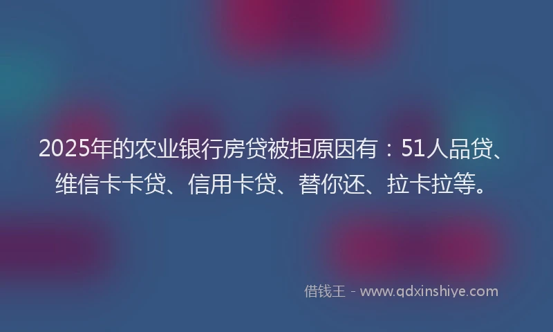 2025年的农业银行房贷被拒原因有：51人品贷、维信卡卡贷、信用卡贷、替你还、拉卡拉等。