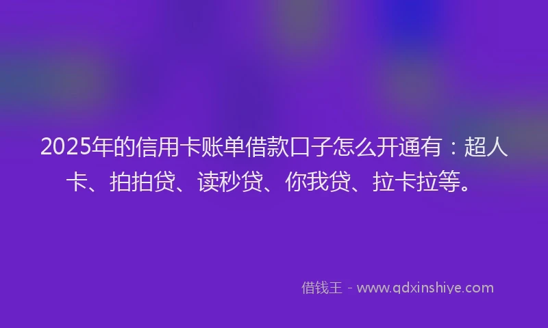2025年的信用卡账单借款口子怎么开通有：超人卡、拍拍贷、读秒贷、你我贷、拉卡拉等。