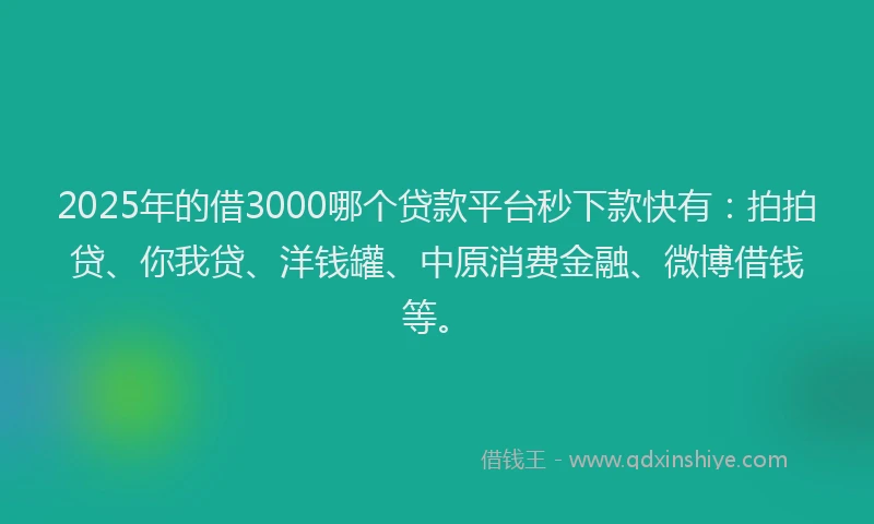 2025年的借3000哪个贷款平台秒下款快有：拍拍贷、你我贷、洋钱罐、中原消费金融、微博借钱等。