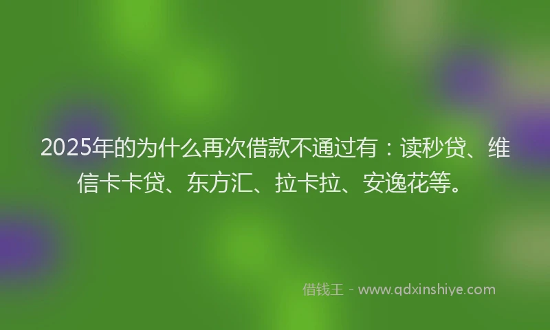 2025年的为什么再次借款不通过有：读秒贷、维信卡卡贷、东方汇、拉卡拉、安逸花等。