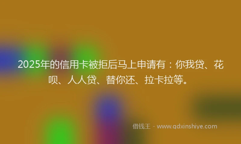 2025年的信用卡被拒后马上申请有：你我贷、花呗、人人贷、替你还、拉卡拉等。