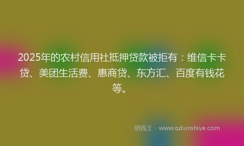 2025年的农村信用社抵押贷款被拒有：维信卡卡贷、美团生活费、惠商贷、东方汇、百度有钱花等。