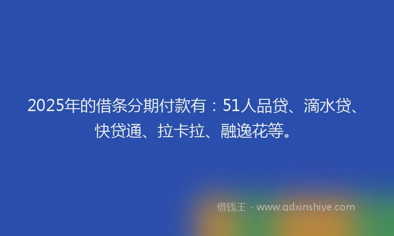 2025年的借条分期付款有：51人品贷、滴水贷、快贷通、拉卡拉、融逸花等。