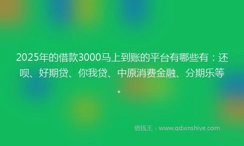 2025年的借款3000马上到账的平台有哪些有：还呗、好期贷、你我贷、中原消费金融、分期乐等。