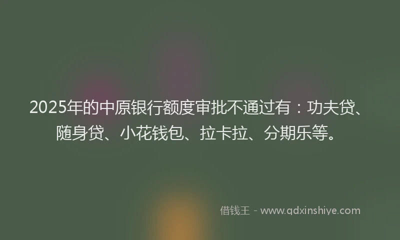 2025年的中原银行额度审批不通过有：功夫贷、随身贷、小花钱包、拉卡拉、分期乐等。