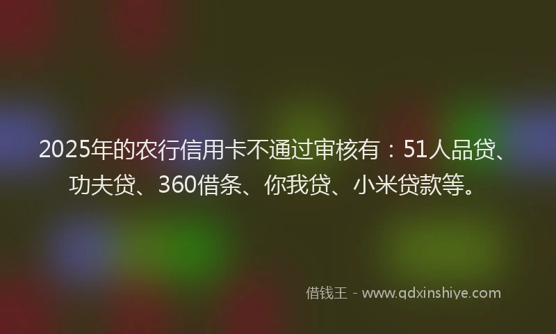 2025年的农行信用卡不通过审核有：51人品贷、功夫贷、360借条、你我贷、小米贷款等。