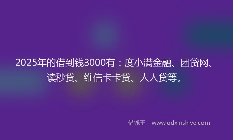 2025年的借到钱3000有：度小满金融、团贷网、读秒贷、维信卡卡贷、人人贷等。