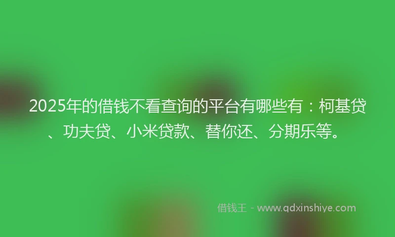 2025年的借钱不看查询的平台有哪些有：柯基贷、功夫贷、小米贷款、替你还、分期乐等。
