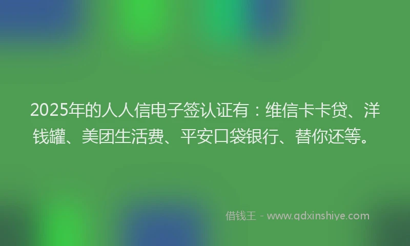 2025年的人人信电子签认证有：维信卡卡贷、洋钱罐、美团生活费、平安口袋银行、替你还等。