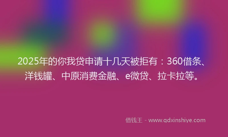 2025年的你我贷申请十几天被拒有：360借条、洋钱罐、中原消费金融、e微贷、拉卡拉等。