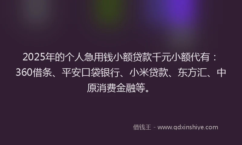 2025年的个人急用钱小额贷款千元小额代有：360借条、平安口袋银行、小米贷款、东方汇、中原消费金融等。