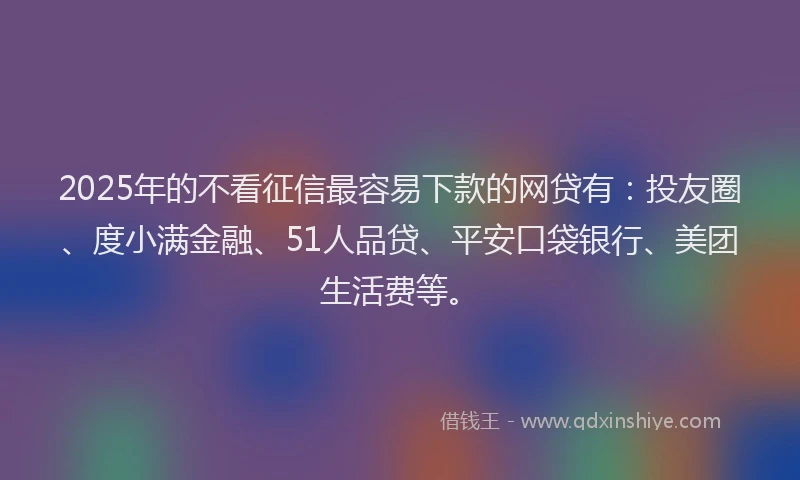 2025年的不看征信最容易下款的网贷有：投友圈、度小满金融、51人品贷、平安口袋银行、美团生活费等。