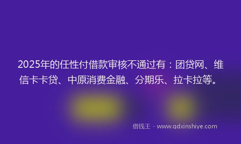 2025年的任性付借款审核不通过有：团贷网、维信卡卡贷、中原消费金融、分期乐、拉卡拉等。