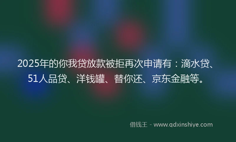 2025年的你我贷放款被拒再次申请有：滴水贷、51人品贷、洋钱罐、替你还、京东金融等。