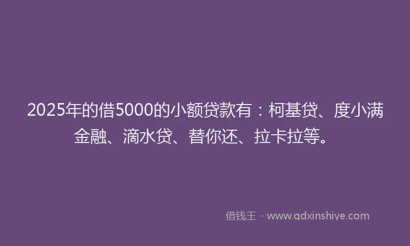 2025年的借5000的小额贷款有：柯基贷、度小满金融、滴水贷、替你还、拉卡拉等。