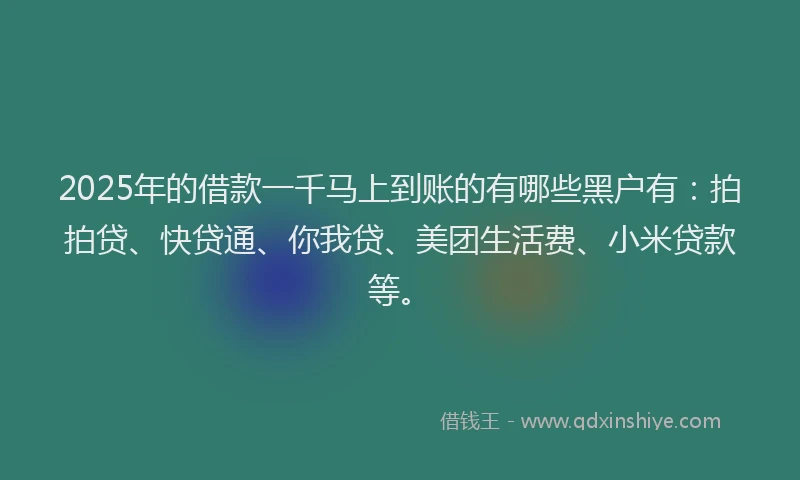 2025年的借款一千马上到账的有哪些黑户有：拍拍贷、快贷通、你我贷、美团生活费、小米贷款等。