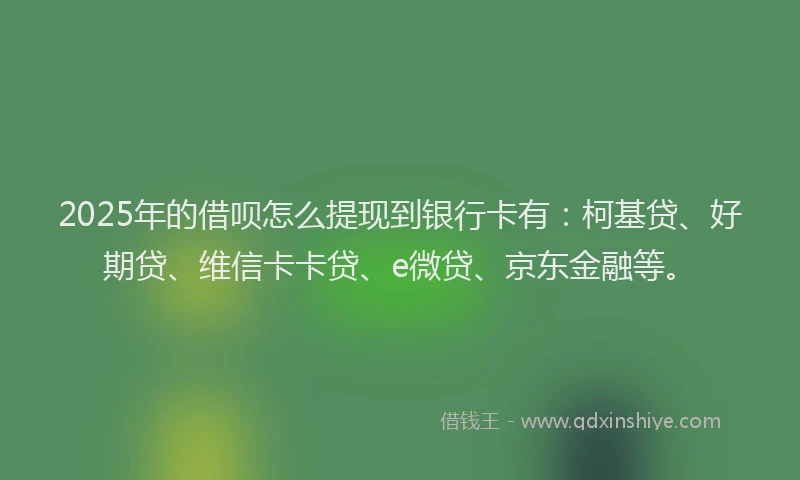 2025年的借呗怎么提现到银行卡有：柯基贷、好期贷、维信卡卡贷、e微贷、京东金融等。