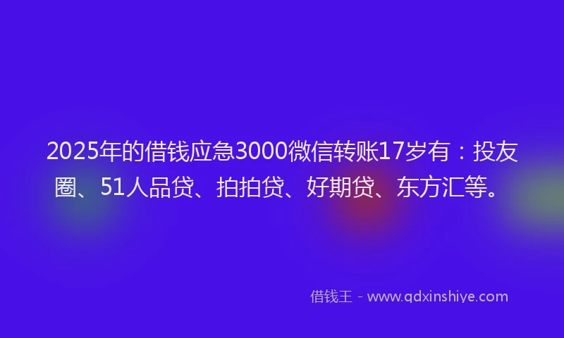 2025年的借钱应急3000微信转账17岁有：投友圈、51人品贷、拍拍贷、好期贷、东方汇等。