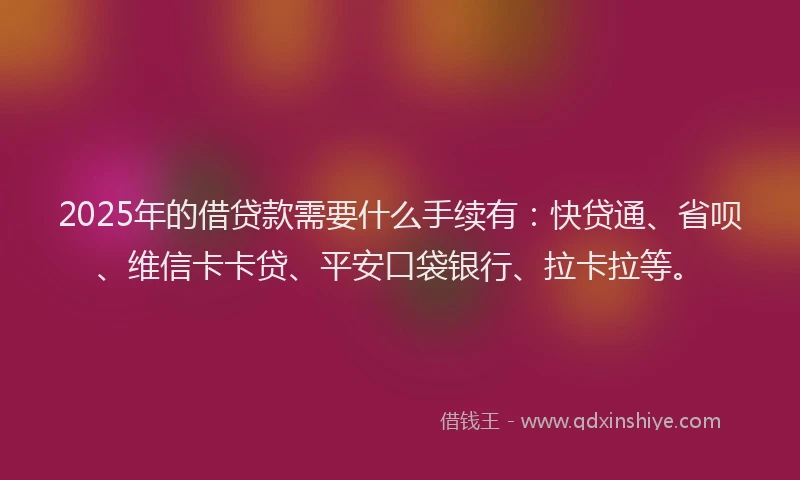 2025年的借贷款需要什么手续有：快贷通、省呗、维信卡卡贷、平安口袋银行、拉卡拉等。