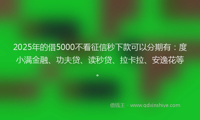 2025年的借5000不看征信秒下款可以分期有：度小满金融、功夫贷、读秒贷、拉卡拉、安逸花等。