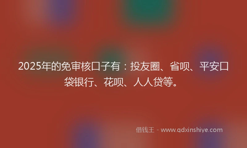 2025年的免审核口子有：投友圈、省呗、平安口袋银行、花呗、人人贷等。