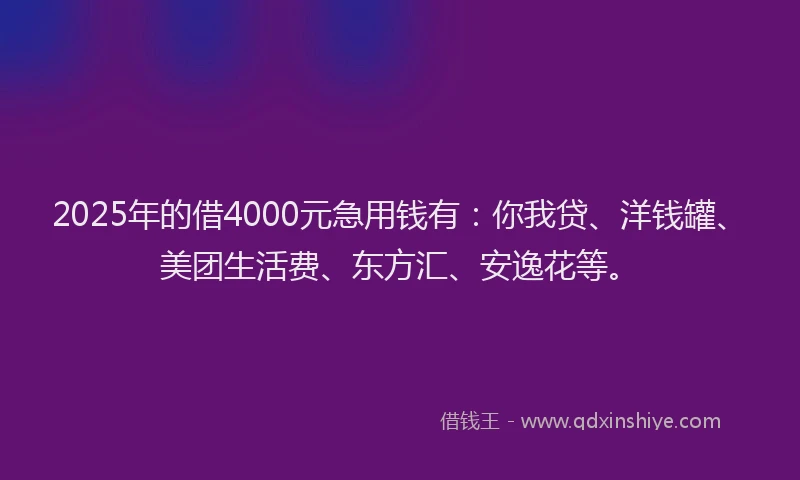 2025年的借4000元急用钱有：你我贷、洋钱罐、美团生活费、东方汇、安逸花等。