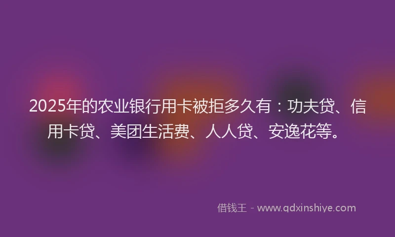 2025年的农业银行用卡被拒多久有：功夫贷、信用卡贷、美团生活费、人人贷、安逸花等。