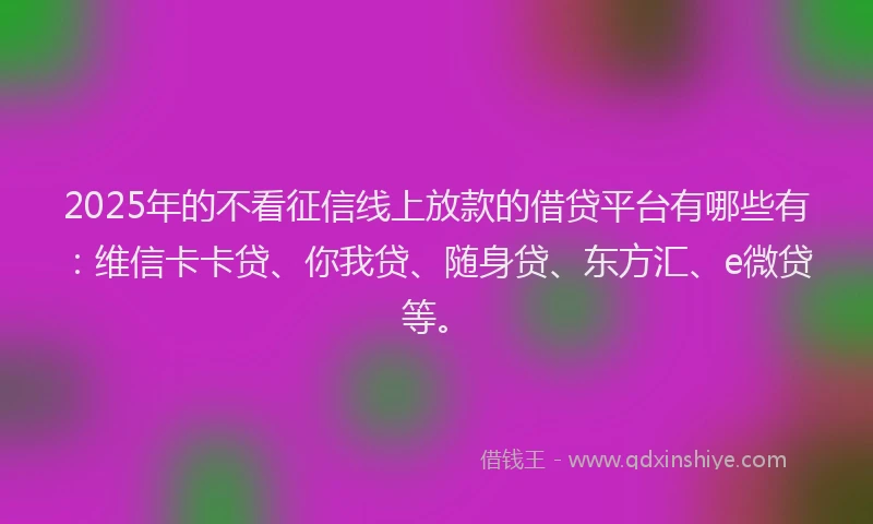 2025年的不看征信线上放款的借贷平台有哪些有：维信卡卡贷、你我贷、随身贷、东方汇、e微贷等。