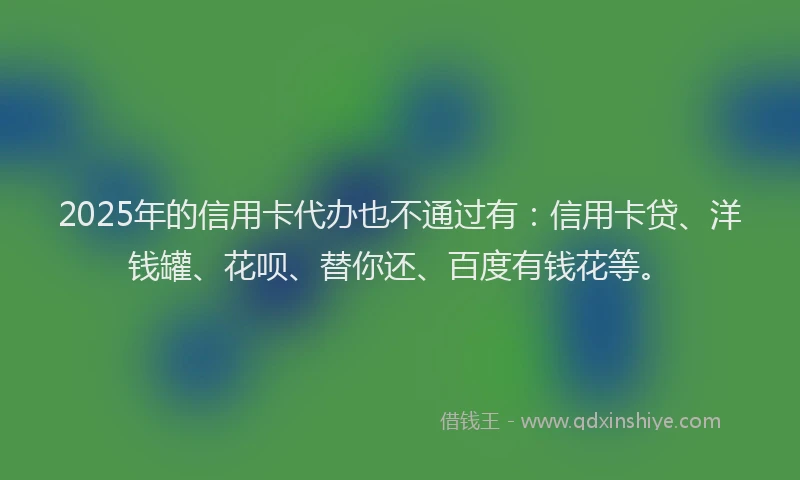 2025年的信用卡代办也不通过有：信用卡贷、洋钱罐、花呗、替你还、百度有钱花等。
