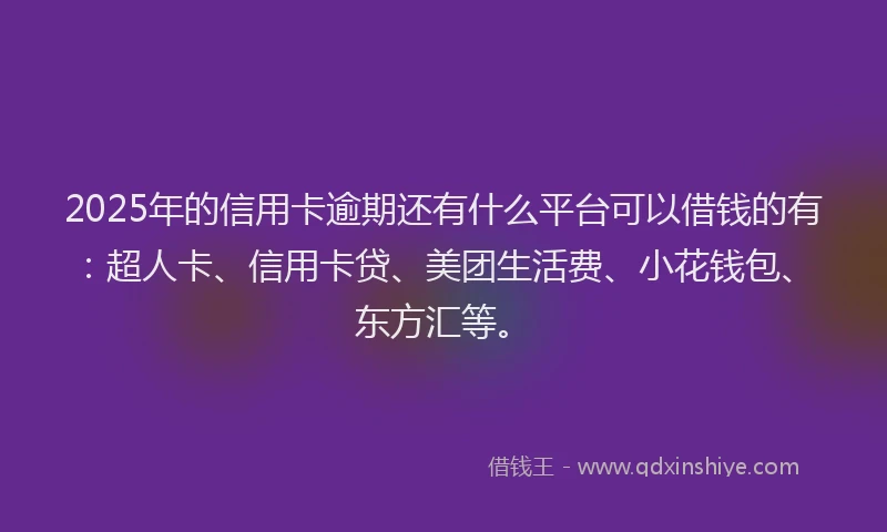 2025年的信用卡逾期还有什么平台可以借钱的有：超人卡、信用卡贷、美团生活费、小花钱包、东方汇等。