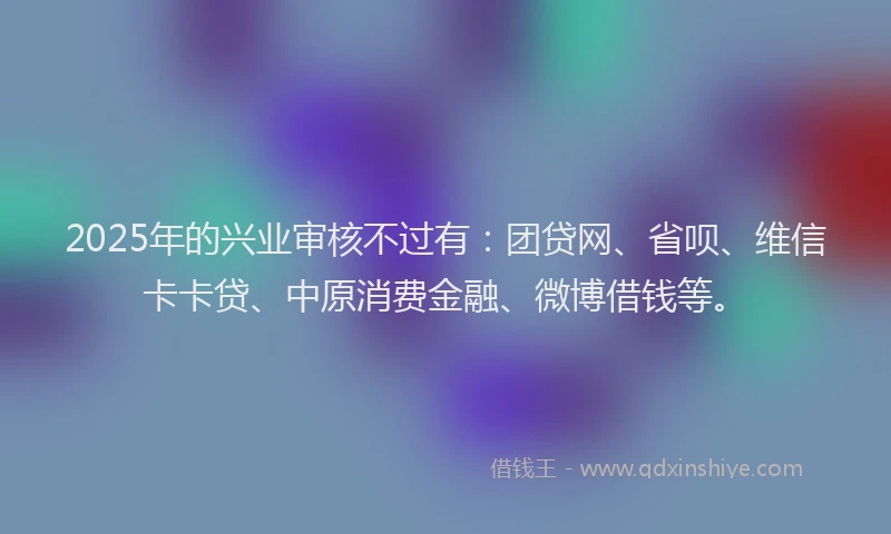 2025年的兴业审核不过有：团贷网、省呗、维信卡卡贷、中原消费金融、微博借钱等。